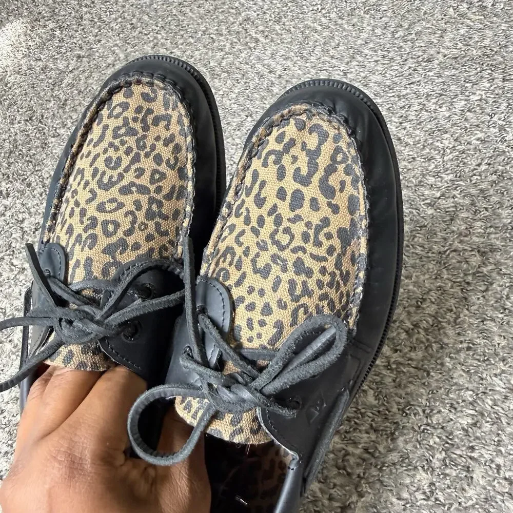 Sperry Original 2-Eye Boat Shoe Mens 11.5 Black Leather Leopard Print Preppy